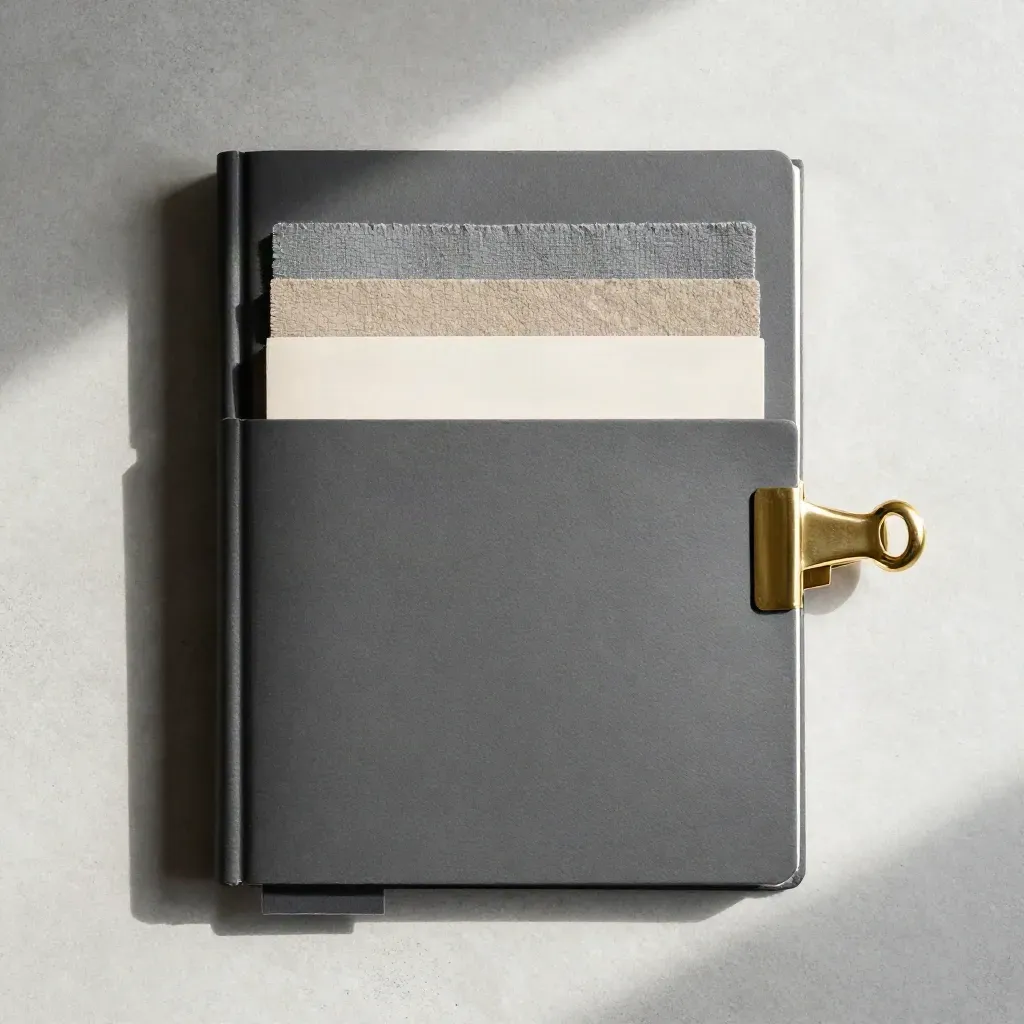 Flat lay di dossier grafite con campioni tessili e clip in ottone su cemento chiaro.