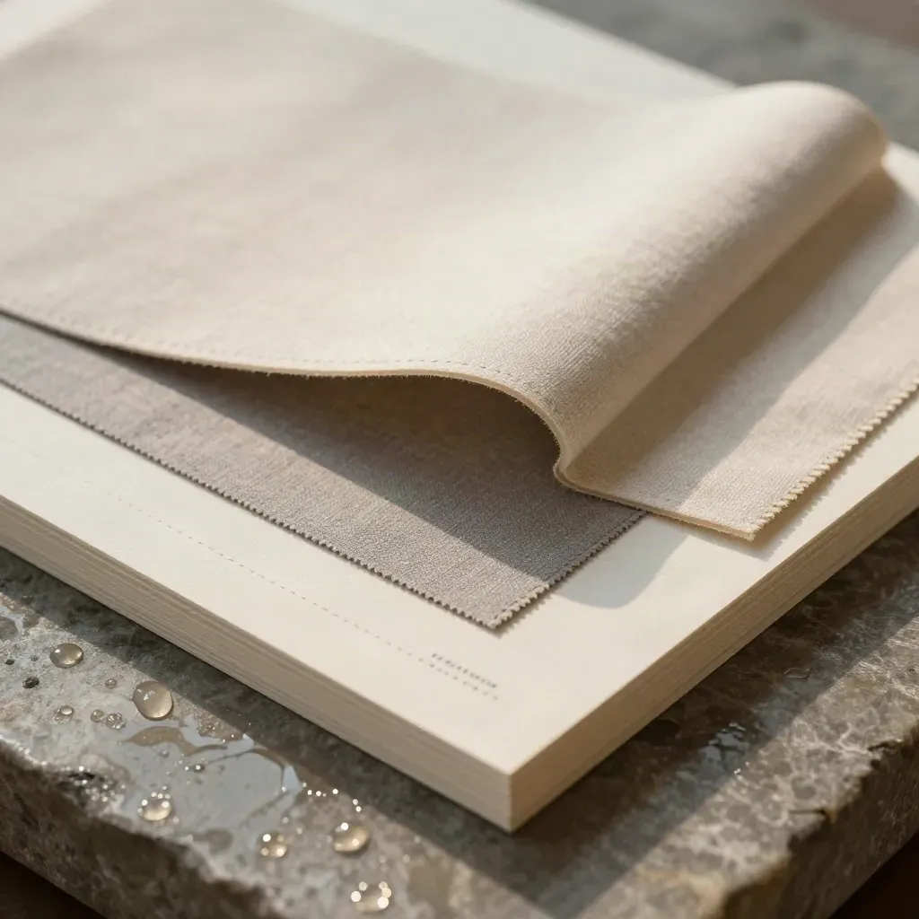 Board collezione moda su pietra bagnata con campioni lino e card crema, luce radente
