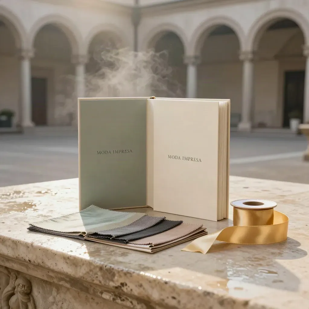 Kit di consulenza moda su pietra bagnata, luce radente e atmosfera di showroom milanese.