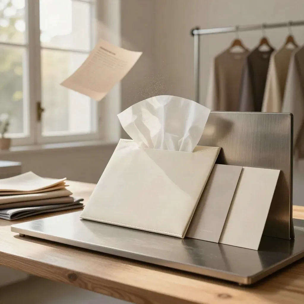 Kit moda per lancio collezione con cartella, tissue wrap e campioni in atelier luminoso.