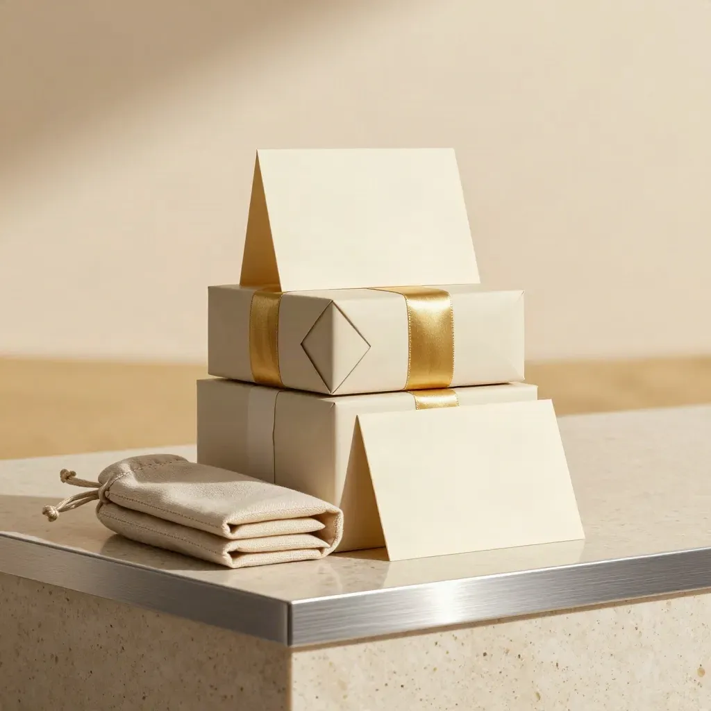 Kit e-commerce con scatole, card, fazzoletto piegato e pouch su plinto chiaro in studio.