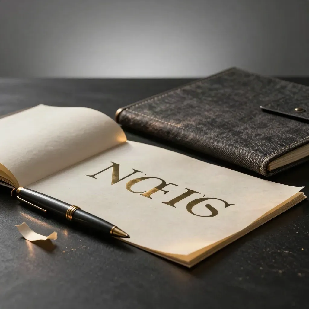 Set per naming brand con fogli di pergamena, penna rovesciata, lettere in ottone e cartella in lino scuro.