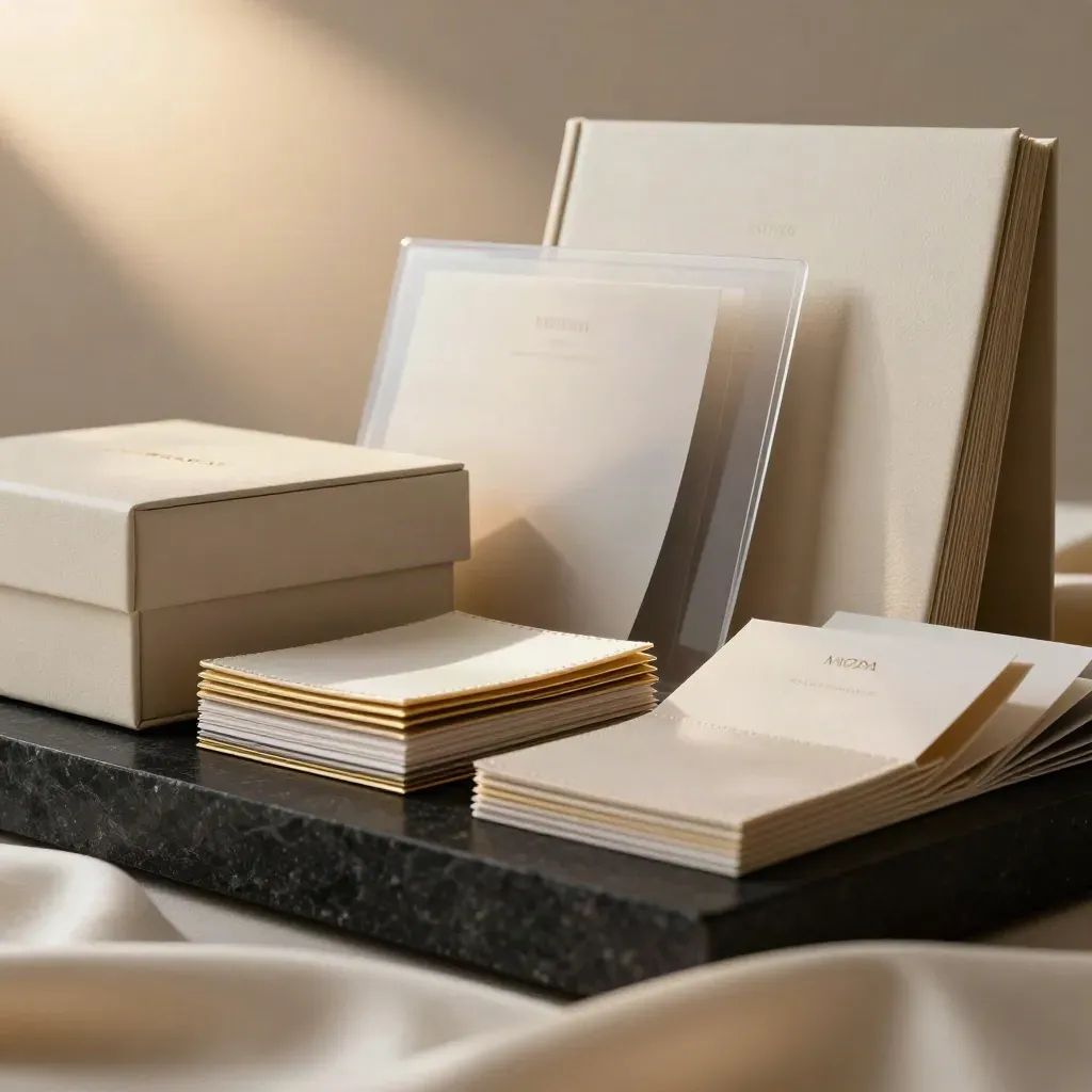 Bundle lancio moda in scatole avorio, carte campione bordate oro e cartelle satin al buio.