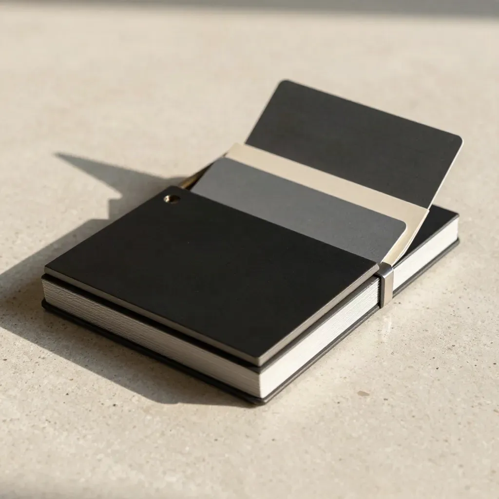 Kit di audit Instagram con tessere nere, cards vuote e quaderno sigillato su pietra chiara.