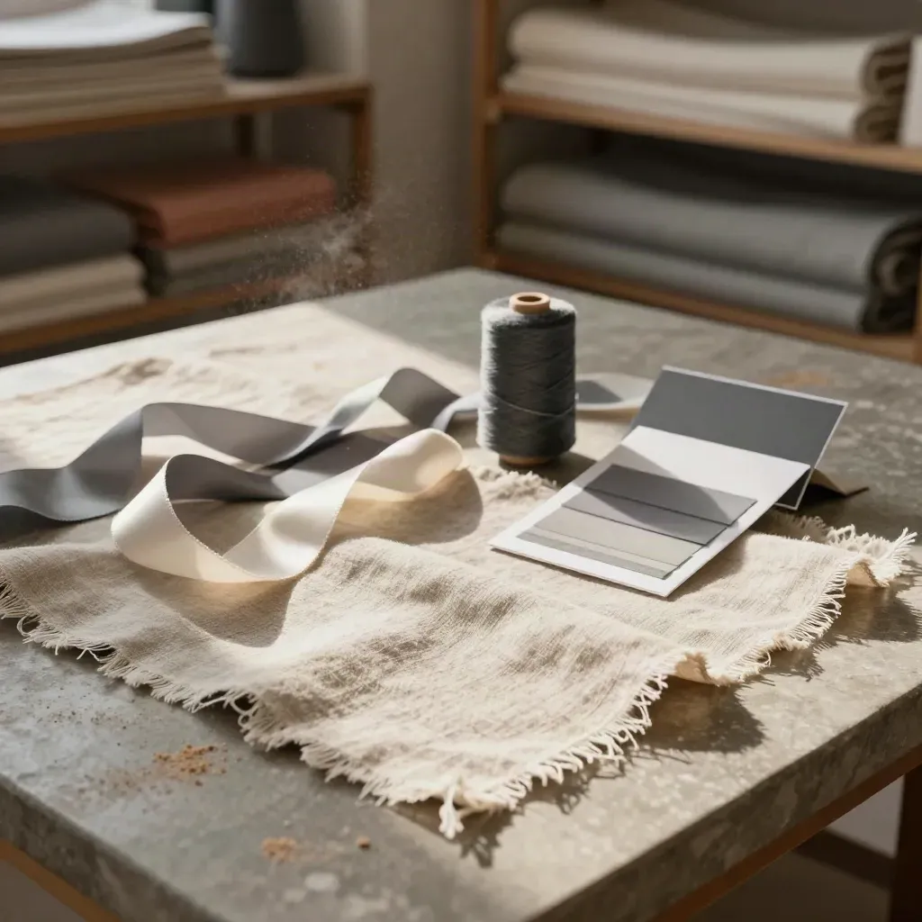 Campioni tessili su banco di pietra in atelier, con nastri, rocchetti e una busta sigillata.