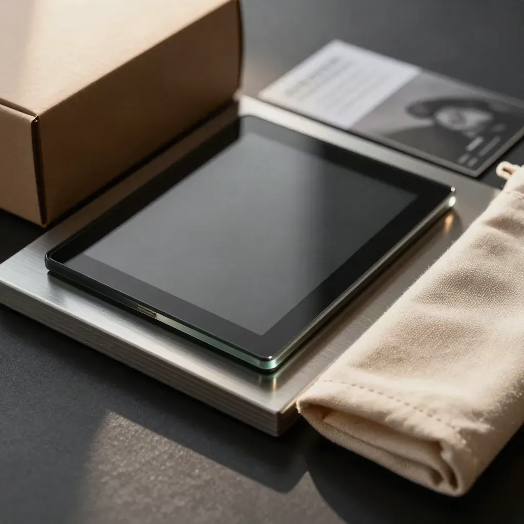 Kit Shopify base con tile schermo, scatola spedizione e pouch piegata su metallo spazzolato.