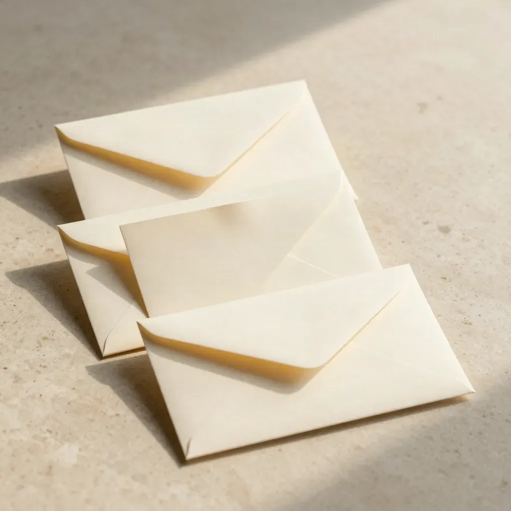 Tre card piegate, una busta aperta e una cartella con nastro su fondo avorio.