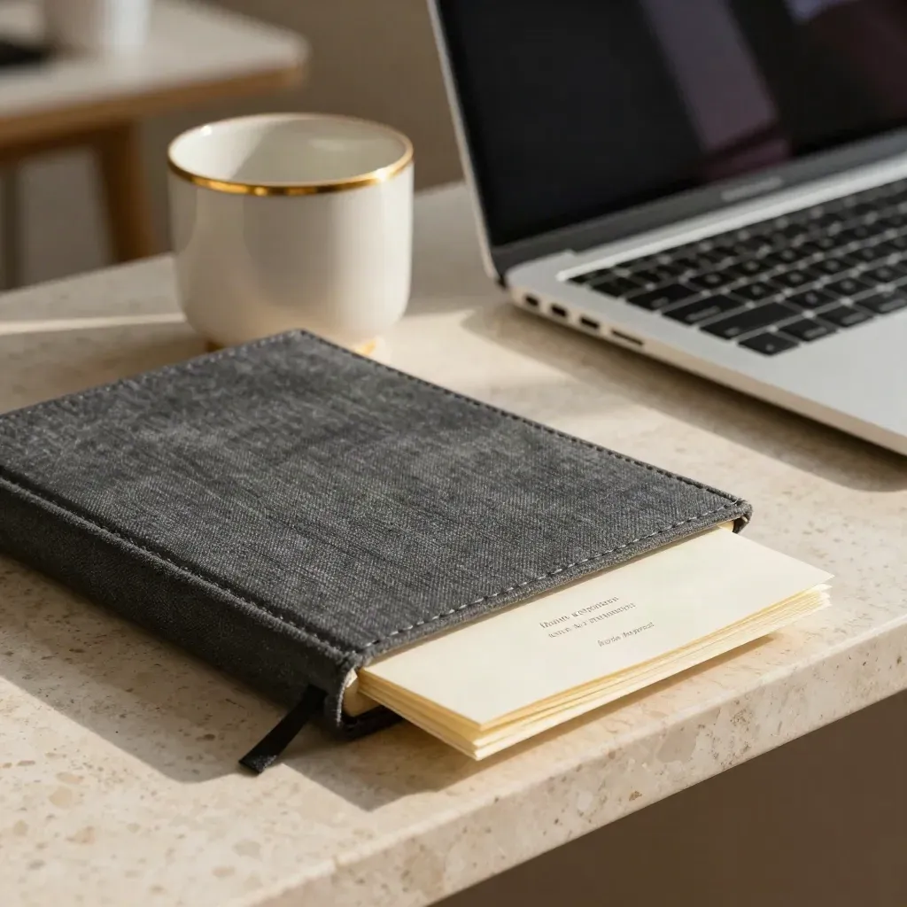 Set macro per call strategica con notebook in lino, tazza ceramica e laptop inclinato nella luce del mattino.