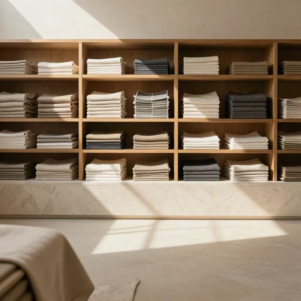 Mezzanino di atelier con tessuti piegati, rovere chiaro e luce mattutina sul marmo.