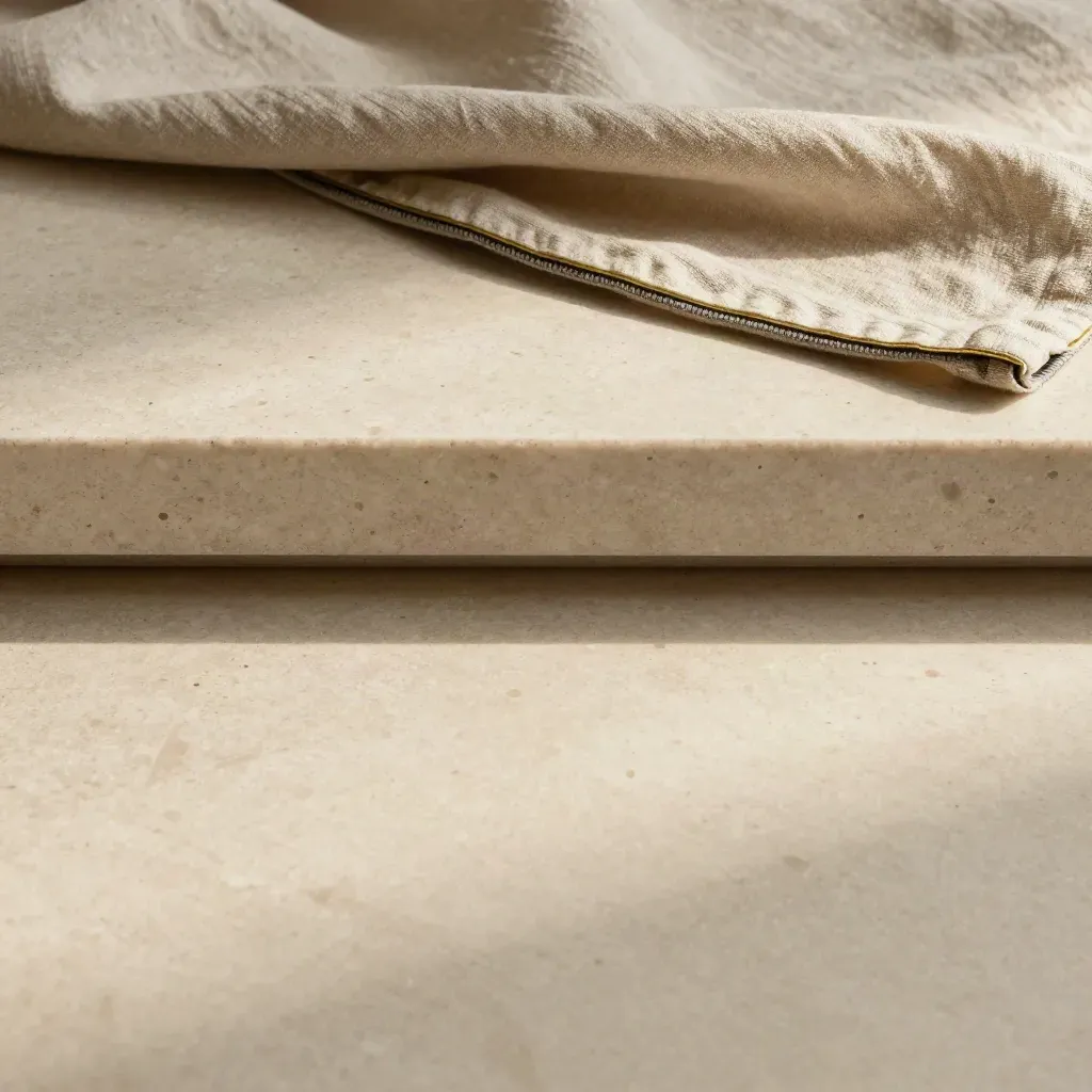 Superficie in travertino con drappo piegato e bordo in ottone, luce radente e spazio per il testo.