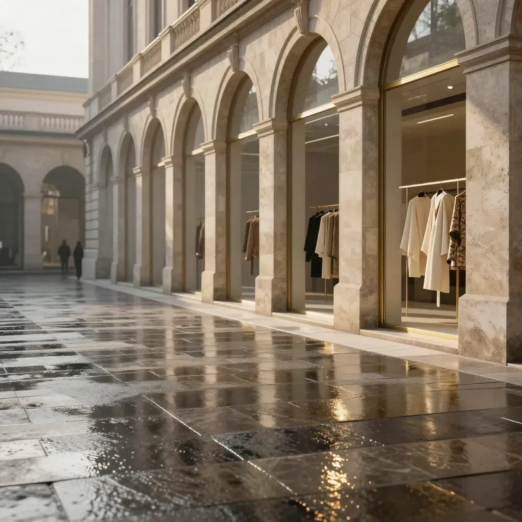 Arcata in pietra con riflessi bagnati e luce dorata, elegante e minimale.