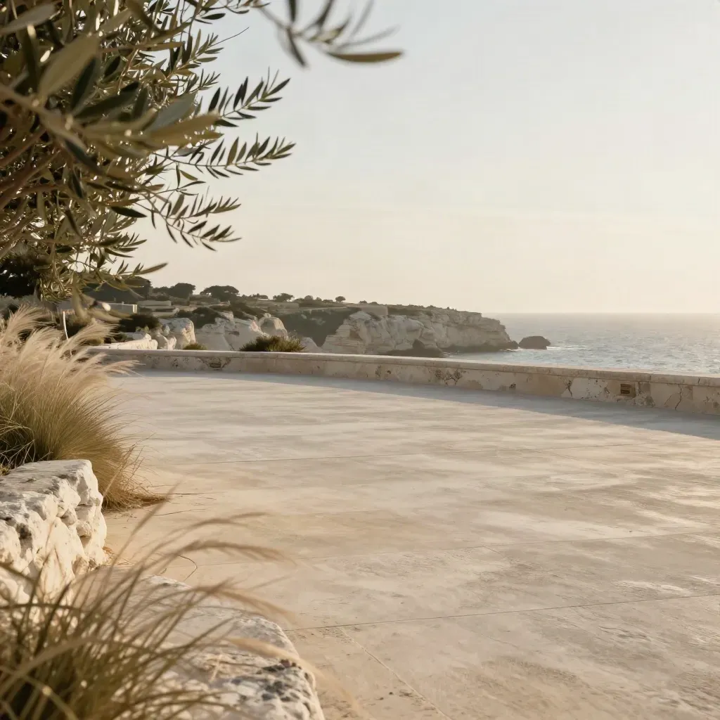 Terrazza calcarea costiera con ulivi, erbe chiare e mare lontano nella luce dorata.