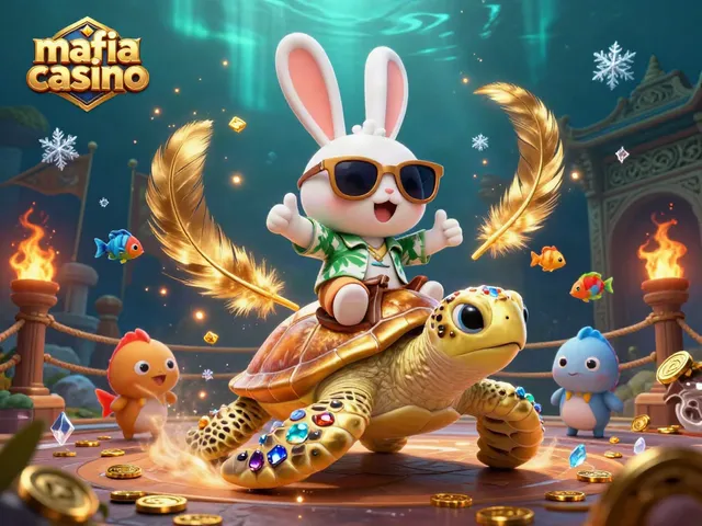 Mafia casino illustrated with a lucky rabbit and golden turtle amidst a vibrant casino scene.