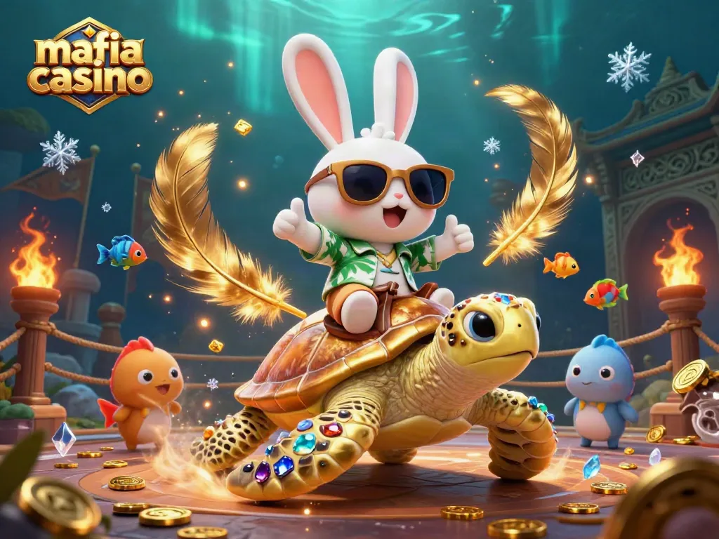 Mafia casino illustrated with a lucky rabbit and golden turtle amidst a vibrant casino scene.